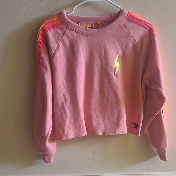 Aviator Nation Neon-striped Fleece Cropped Sweatshirt In Rose Neon Sz S - Picture 3 of 8